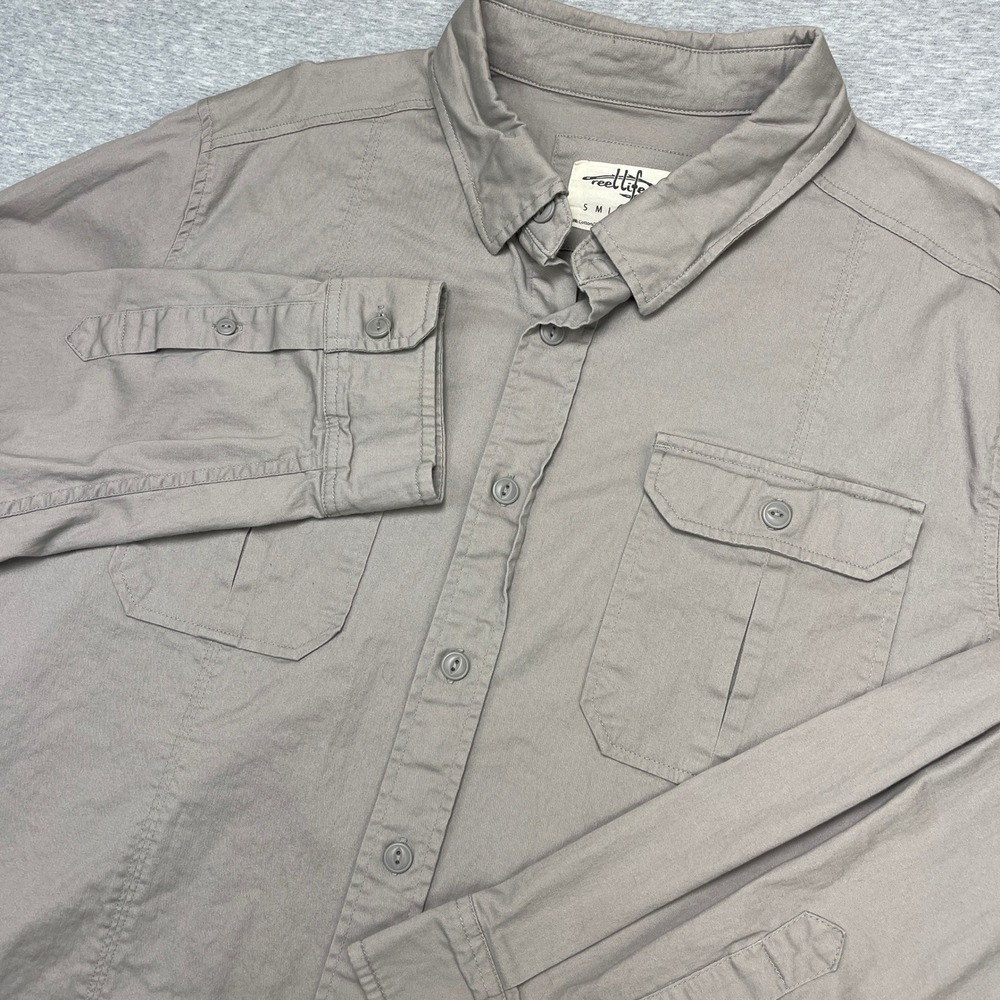 Reel Life Mens XL Taupe Gray Stretch Long Sleeve Fishing Outdoor Utility Shirt